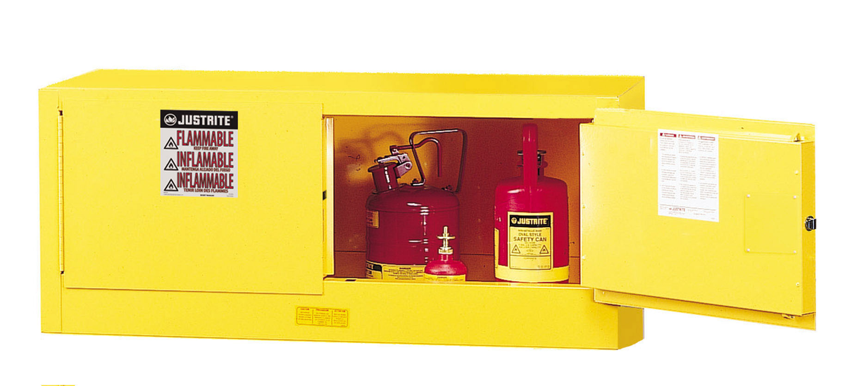 Justrite™ 12 Gallon Yellow Sure-Grip® EX 18 Gauge Cold Rolled Steel Piggyback Safety Cabinet With (2) Manual Close Doors Without