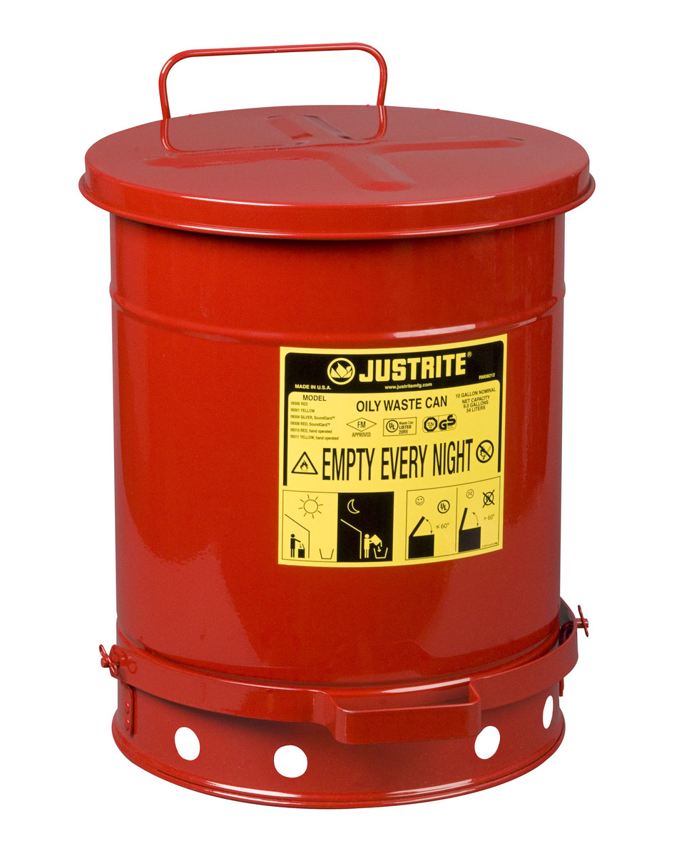 Justrite™ 10 Gallon Red Galvanized Steel Oily Waste Can With Foot Lever Opening Device