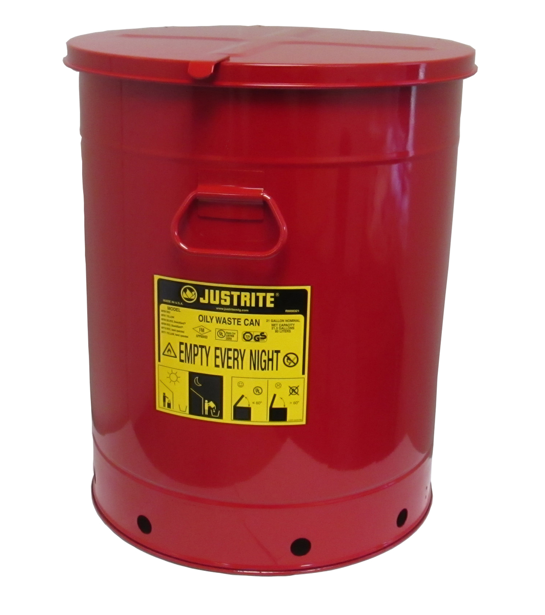 Justrite™ 21 Gallon Red Galvanized Steel Oily Waste Can With Hand Operated Opening Device