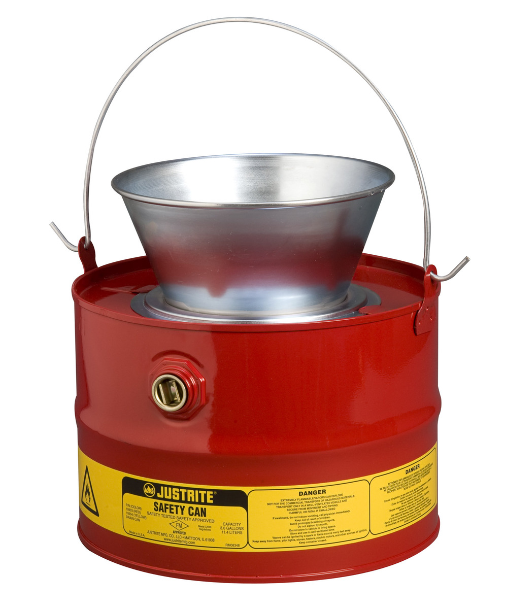 Justrite™ 3 Gallon Red Galvanized Steel Drain Can With Funnel (For Flammables)