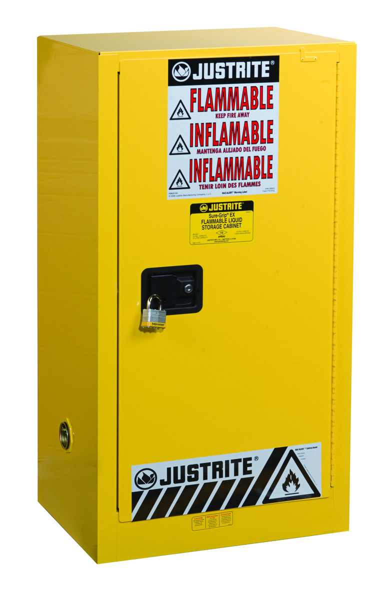 Justrite™ 15 Gallon Yellow Sure-Grip® EX 18 Gauge Cold Rolled Steel Compact Safety Cabinet With (1) Self-Closing Door And (1) Sh