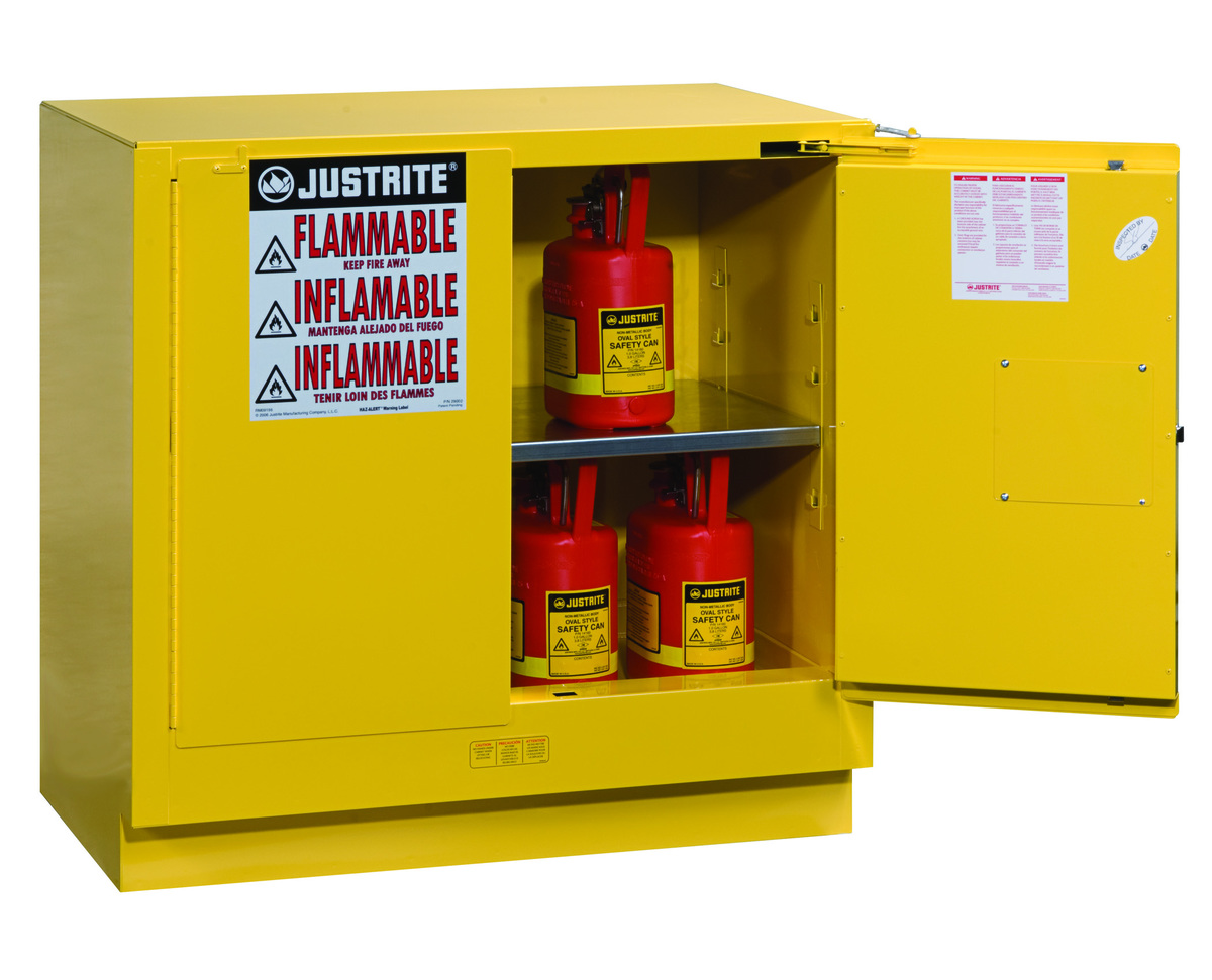 Justrite™ 22 Gallon Yellow Sure-Grip® EX 18 Gauge Cold Rolled Steel Undercounter Safety Cabinet With (2) Self-Closing Doors And