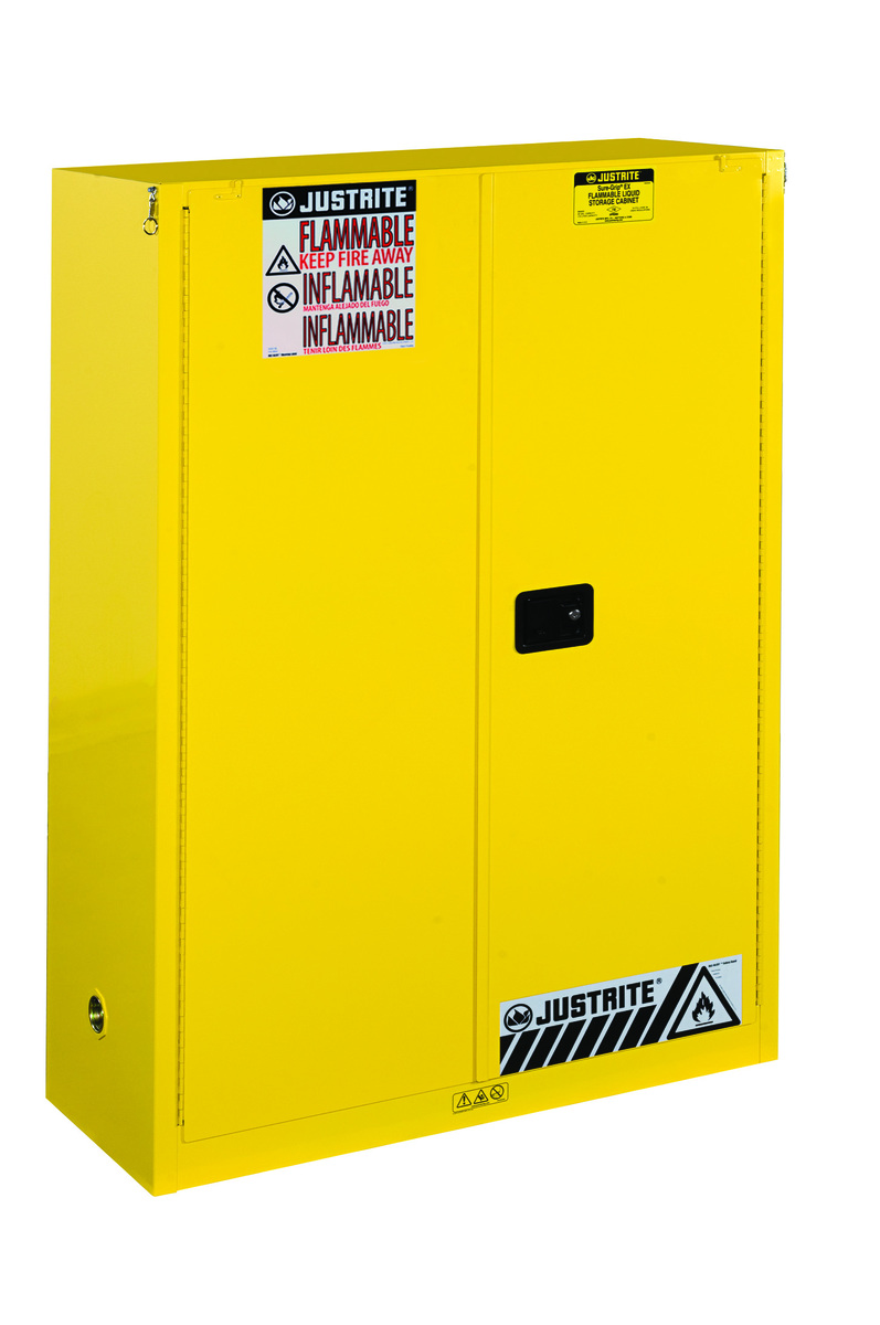Justrite™ 60 Gallon Yellow Sure-Grip® EX 18 Gauge Cold Rolled Steel Safety Cabinet With (2) Self-Closing Doors And (5) Shelves (