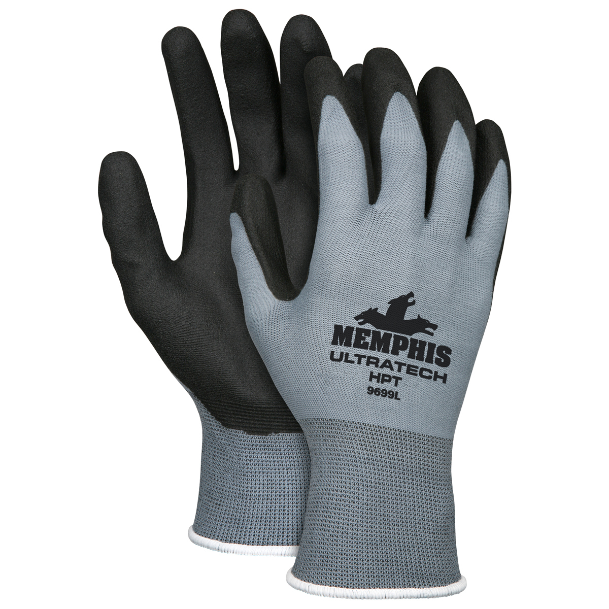 MCR Safety® Large UltraTech® HPT 15 Gauge Black HPT Palm And Fingertips Coated Work Gloves With Gray Nylon Liner And Knit Wrist