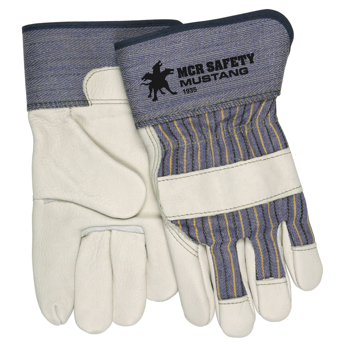 MCR Safety Medium Blue, Yellow And Black Premium Grain Cowhide Palm Gloves With Fabric Back And Rubberized Safety Cuff