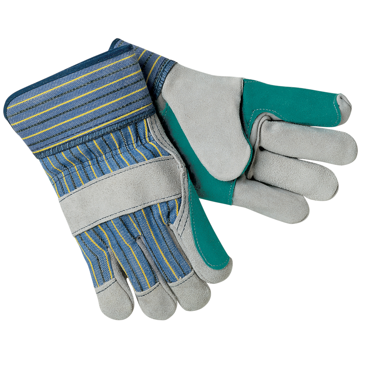 MCR Safety 2X Blue, Yellow, Black And Green Select Shoulder Double Leather Palm Gloves With Fabric Back And Plasticized Safety C