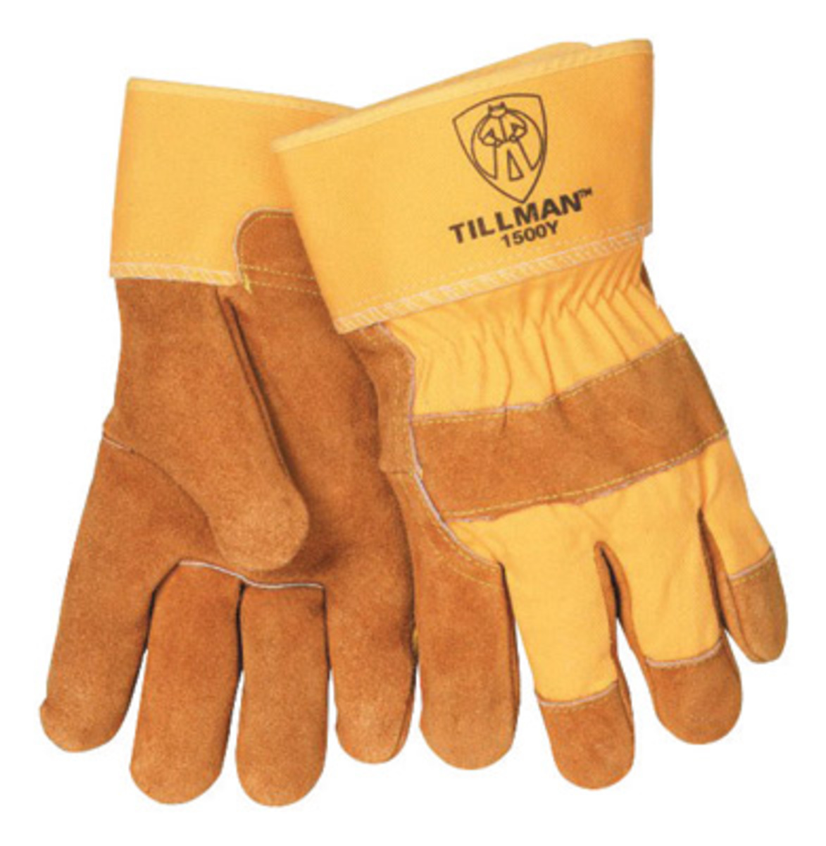 Tillman® Large Bourbon Brown And Yellow Select Shoulder Split Cowhide Palm Gloves With Canvas Back, Rubberized Safety Cuff And K