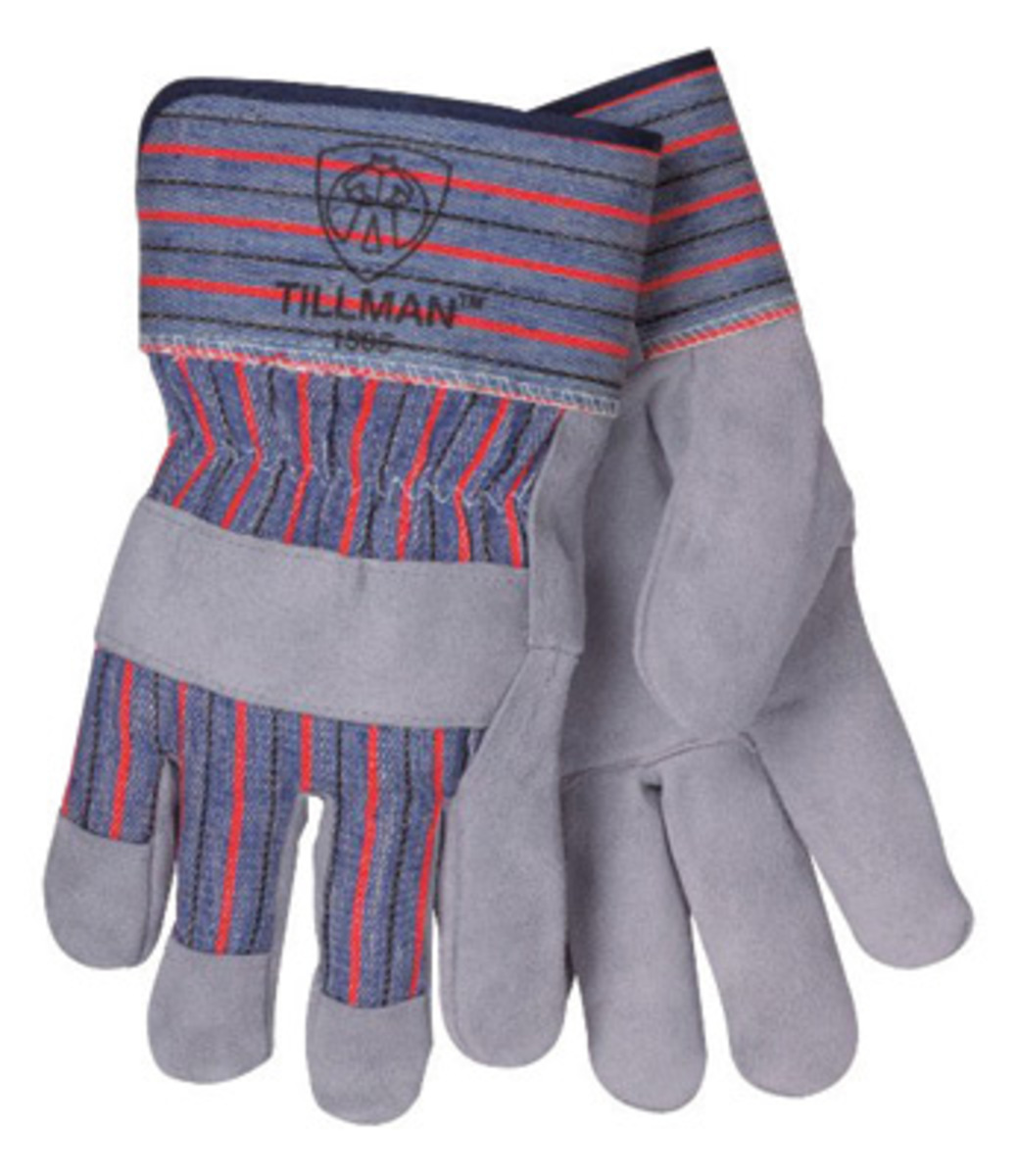 Tillman® Large Blue, Red And Gray Economy Shoulder Split Cowhide Palm Gloves With Canvas Back, Rubberized Safety Cuff And Knuckl