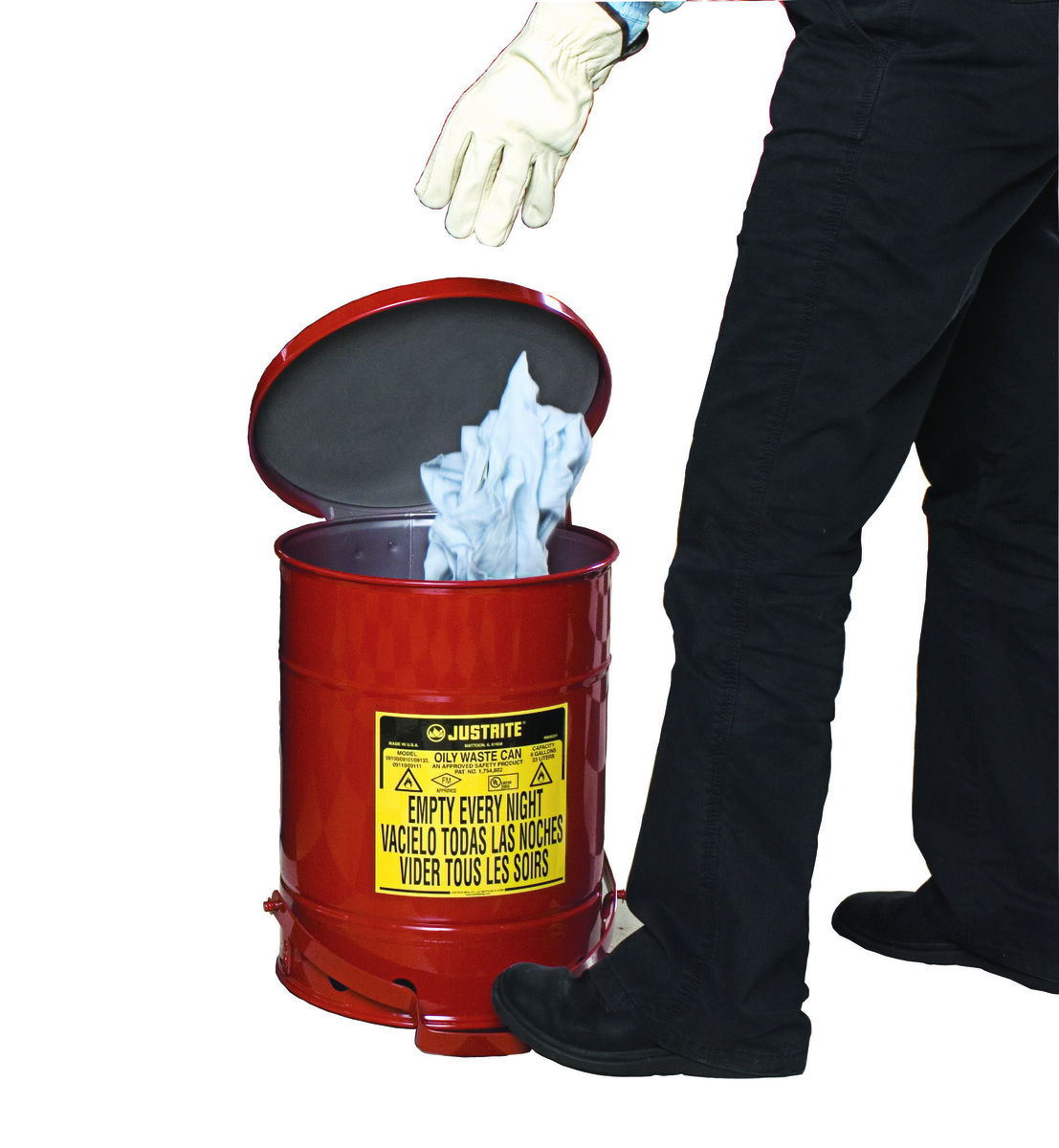 Justrite™ 6 Gallon Red Galvanized Steel Oily Waste Can With SoundGard™ Foot Lever Opening Device