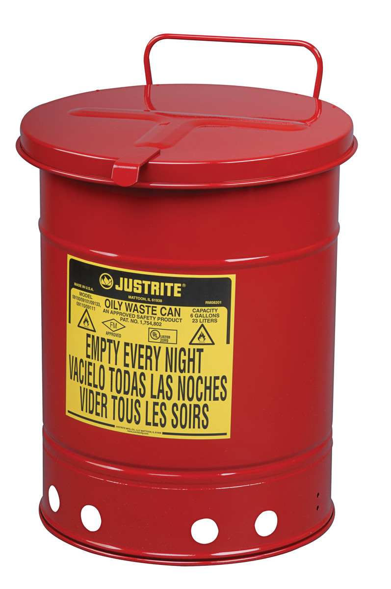Justrite™ 10 Gallon Red Galvanized Steel Oily Waste Can With Hand Operated Opening Device