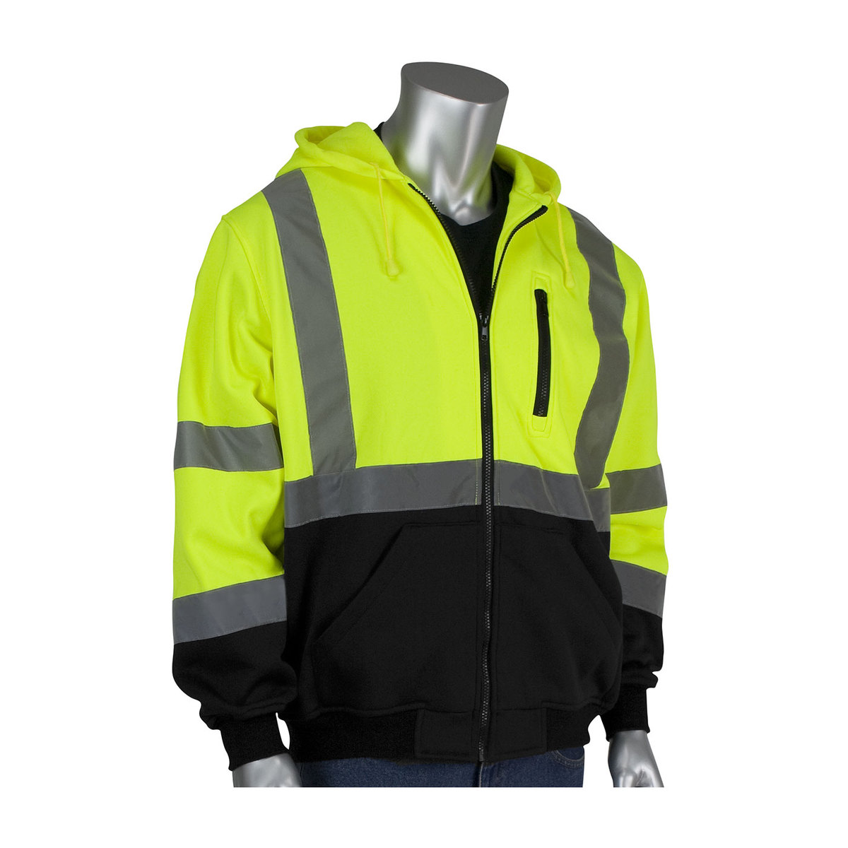PIP HiViz Yellow Black Polyester Fleece Hooded Sweats PIP3231370BLY3X for sale online at autumn supply