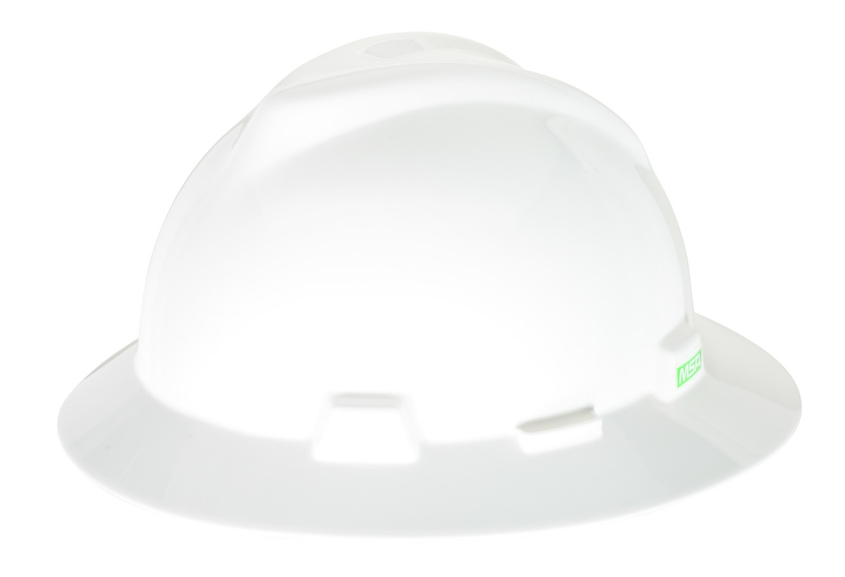 MSA White V-Gard® Polyethylene Full Brim Hard Hat With Ratchet/4 Point Ratchet Suspension