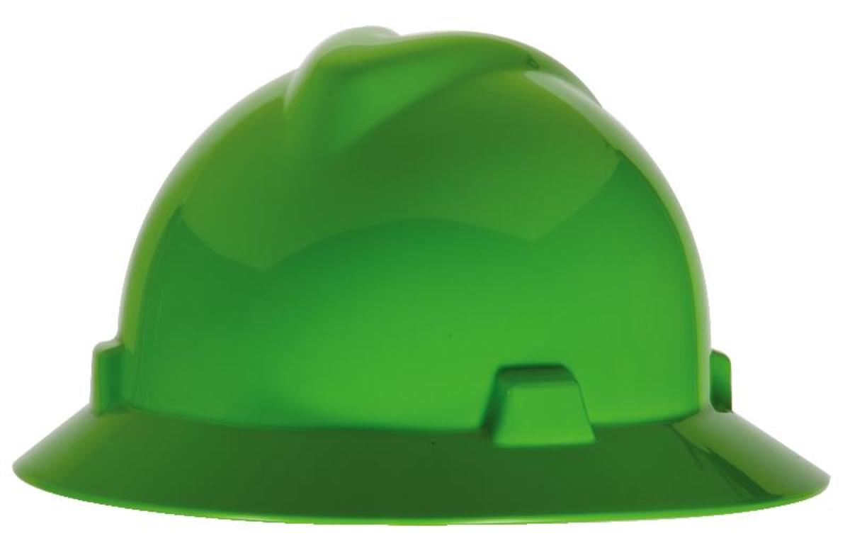 MSA Green Polyethylene Full Brim Hard Hat With 4 Point Ratchet/Ratchet Suspension