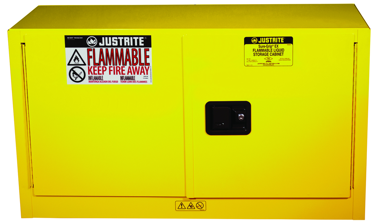 Justrite™ 17 Gallon Yellow Sure-Grip® EX 18 Gauge Cold Rolled Steel Piggyback Safety Cabinet With (2) Self-Closing Doors And (1)