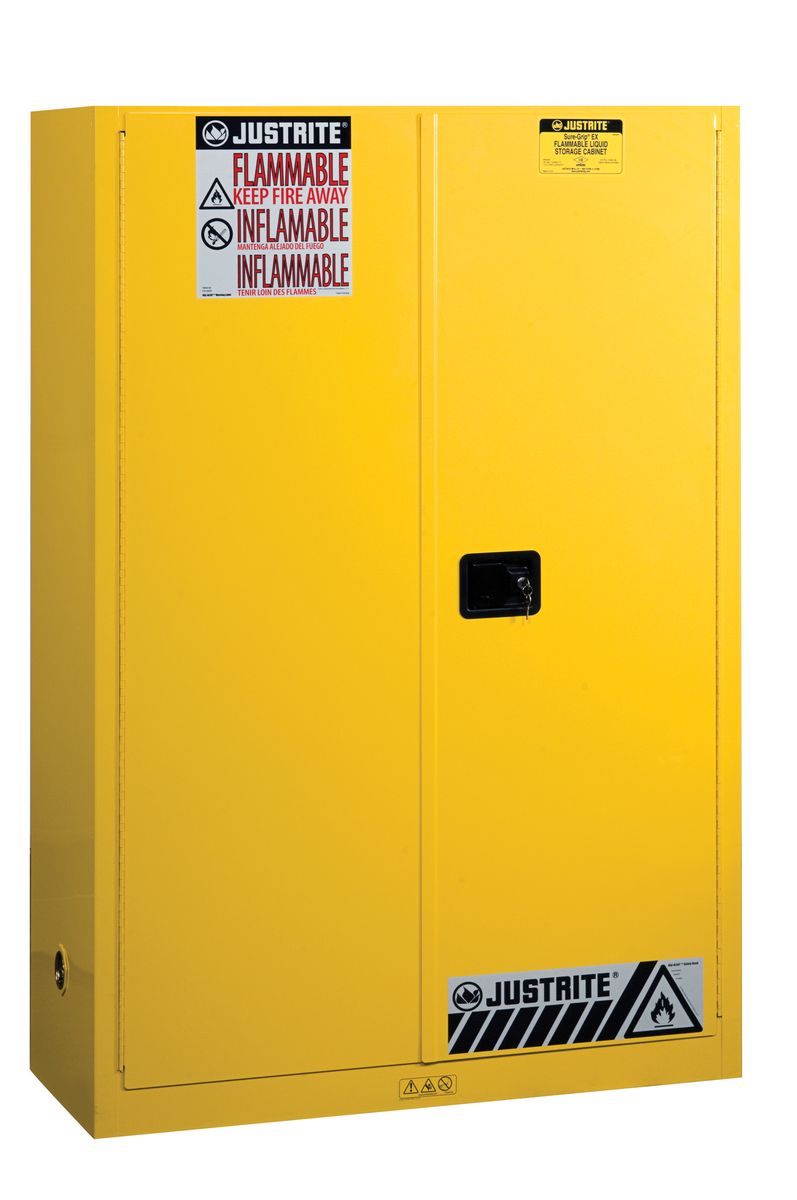 Justrite™ 45 Gallon Yellow Sure-Grip® EX 18 Gauge Cold Rolled Steel Safety Cabinet With (2) Manual Close Doors And (2) Shelves (