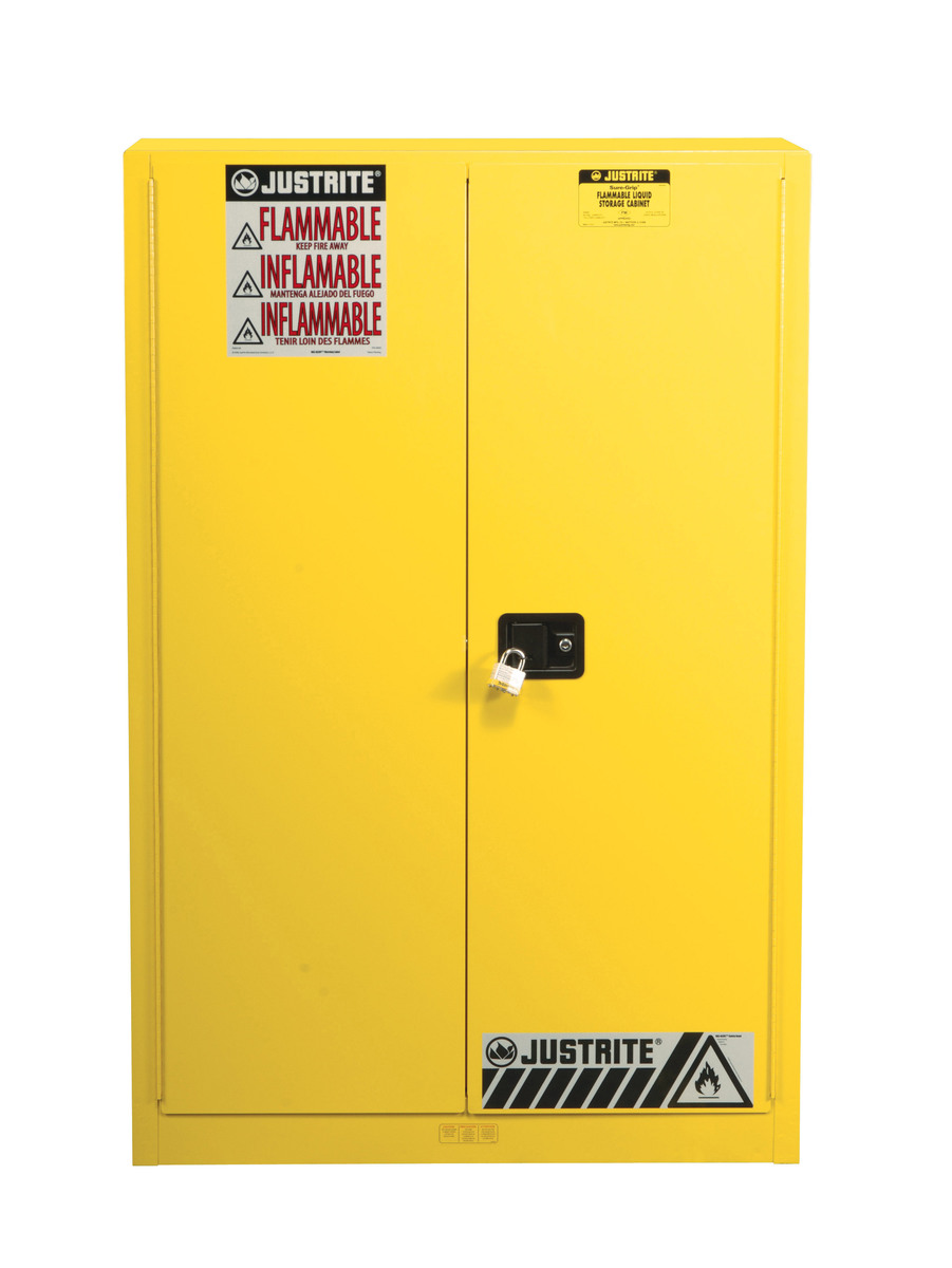 Justrite™ 60 Gallon Yellow Sure-Grip® EX 18 Gauge Cold Rolled Steel Safety Cabinet With (2) Manual Close Doors And (5) Shelves (