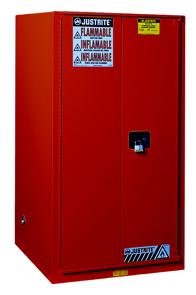 Justrite™ 60 Gallon Red Sure-Grip® EX 18 Gauge Cold Rolled Steel Safety Cabinet With (2) Manual Close Doors And (2) Shelves (For