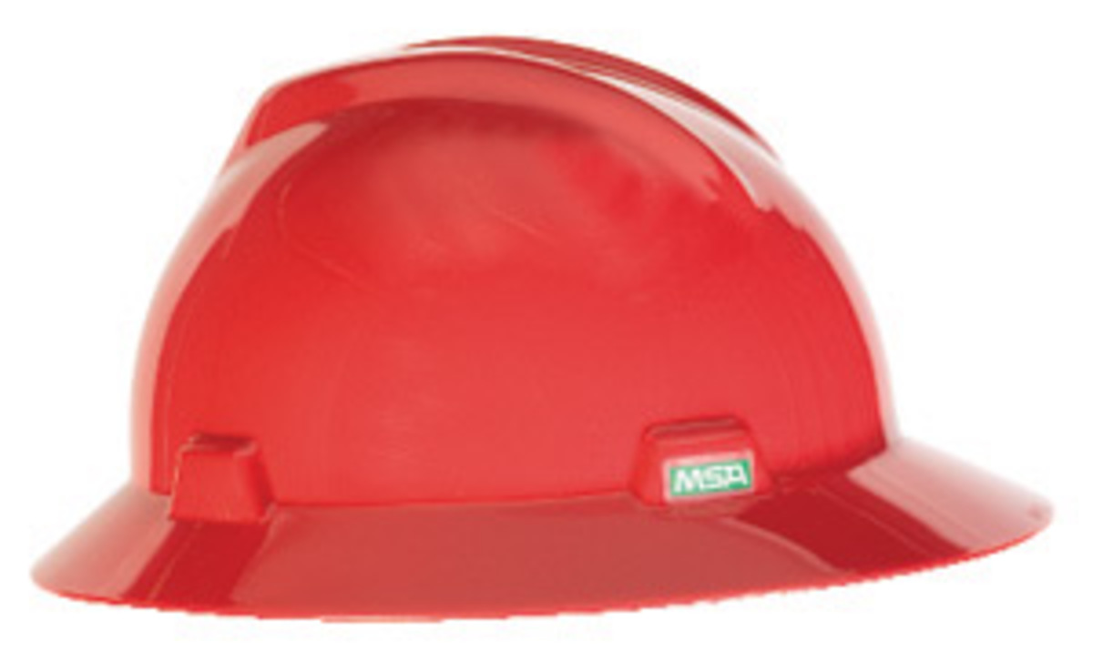 MSA Red V-Gard® Polyethylene Full Brim Hard Hat With 4 Point Ratchet/Ratchet Suspension