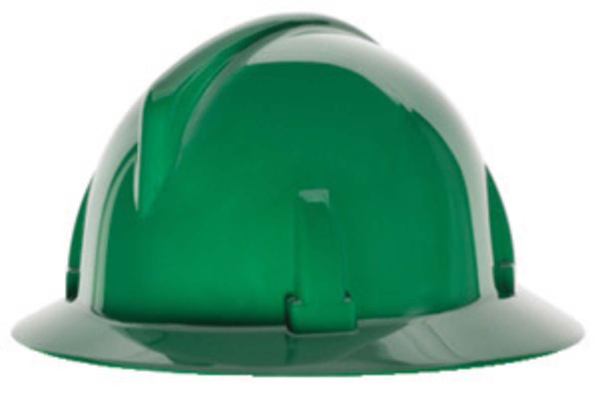 MSA Green Polycarbonate Full Brim Hard Hat With Ratchet/4 Point Ratchet Suspension