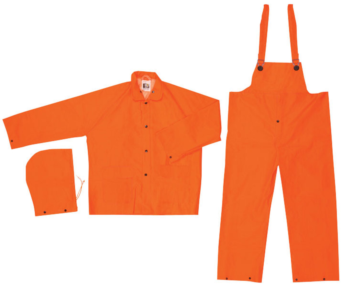 MCR Safety® Orange Classic .35 mm Polyester And PVC 3-Piece Rain Suit With Detachable Hood And Bib Pants