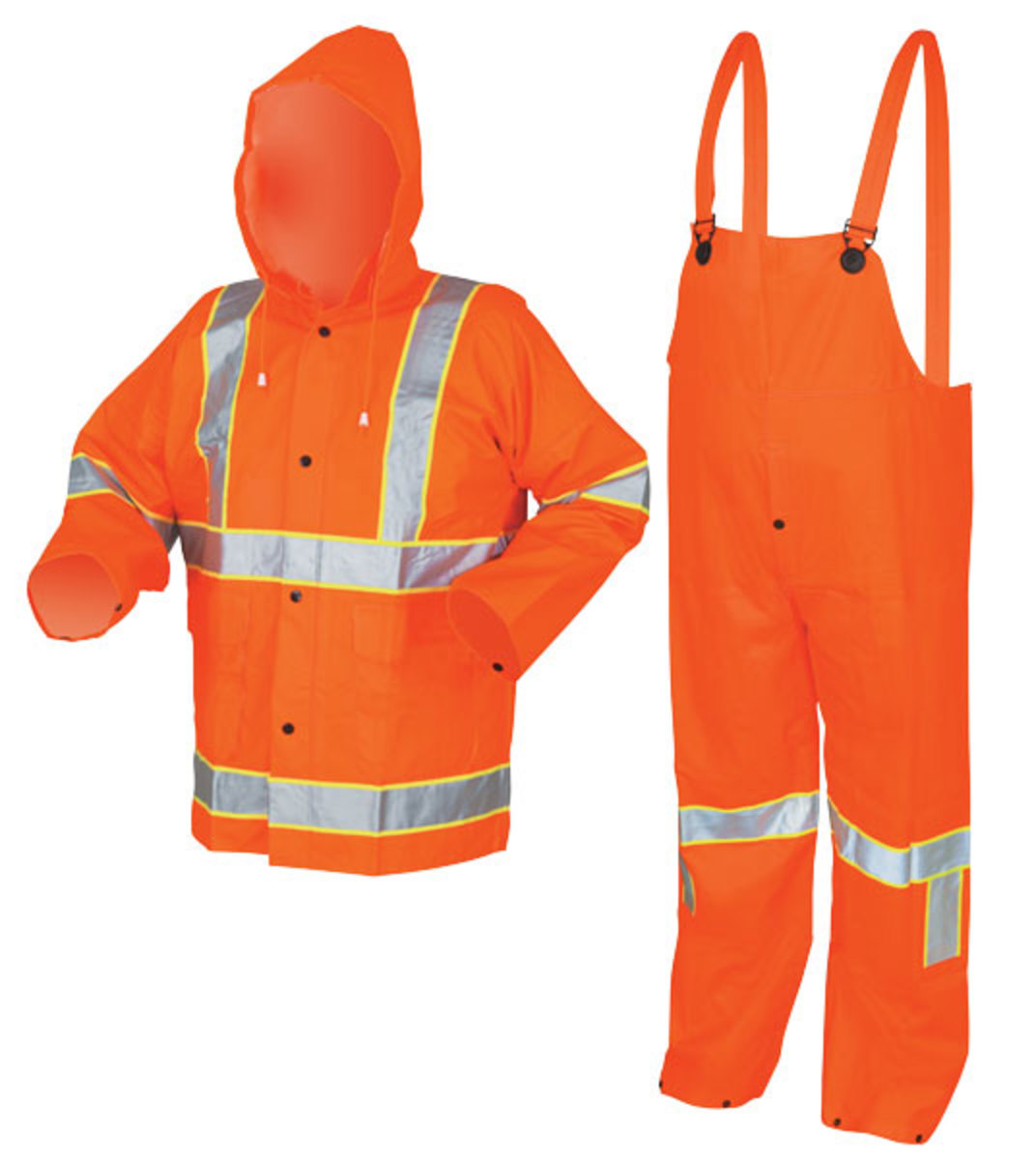 MCR Safety® Fluorescent Orange Luminator™ .35 mm Polyester And PVC 3-Piece Rain Suit With Hi Viz Stripes, Detachable Hood And Bi