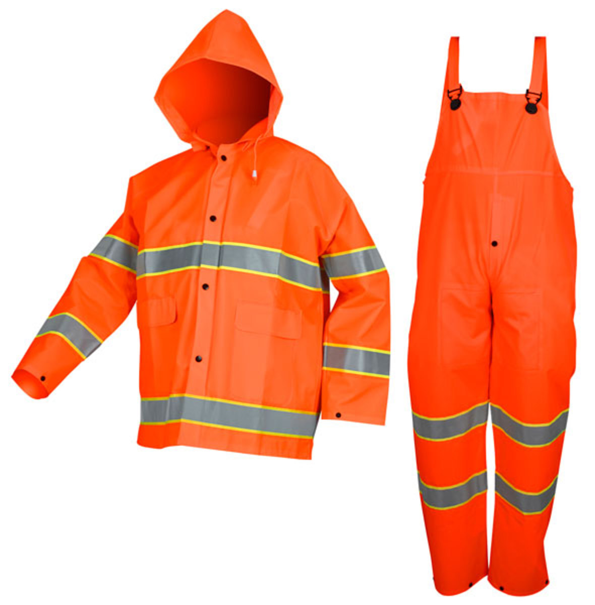 MCR Safety® Fluorescent Orange Luminator™ .35 mm Polyester And PVC 3-Piece Rain Suit With Hi Viz Stripes, Detachable Hood And Bi