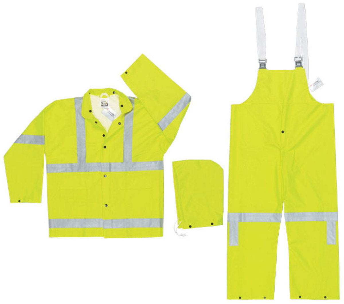 MCR Safety® Lime Luminator™ .38 mm Polyester And PVC 3-Piece Rain Suit With Hi Viz Stripes, Detachable Hood And Bib Pants