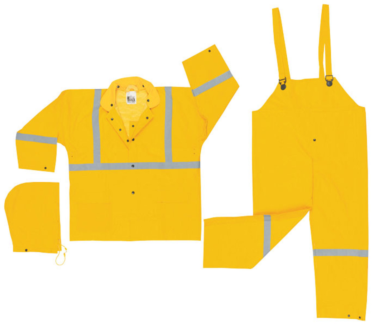 MCR Safety® Yellow Luminator™ .35 mm Polyester And PVC 3-Piece Rain Suit With Hi Viz Stripes , Detachable Hood, Corduroy Collar