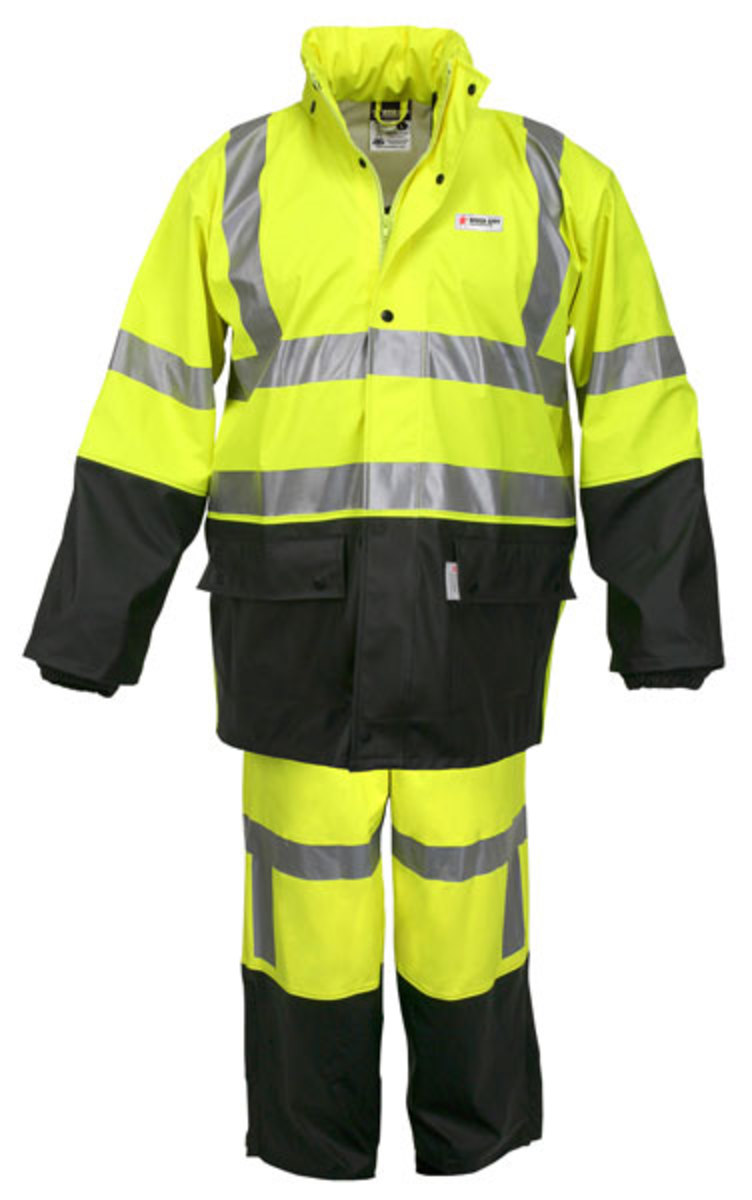 MCR Safety® Fluorescent Lime/Black Luminator™ .40 mm Polyester And Polyurethane 2-Piece Rain Suit With Attached Hood And Elastic