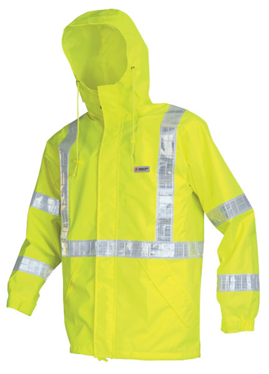 MCR Safety® Fluorescent Lime Luminator™ Polyester And Polyurethane Jacket With Attached Hood And Hi Viz Stripes