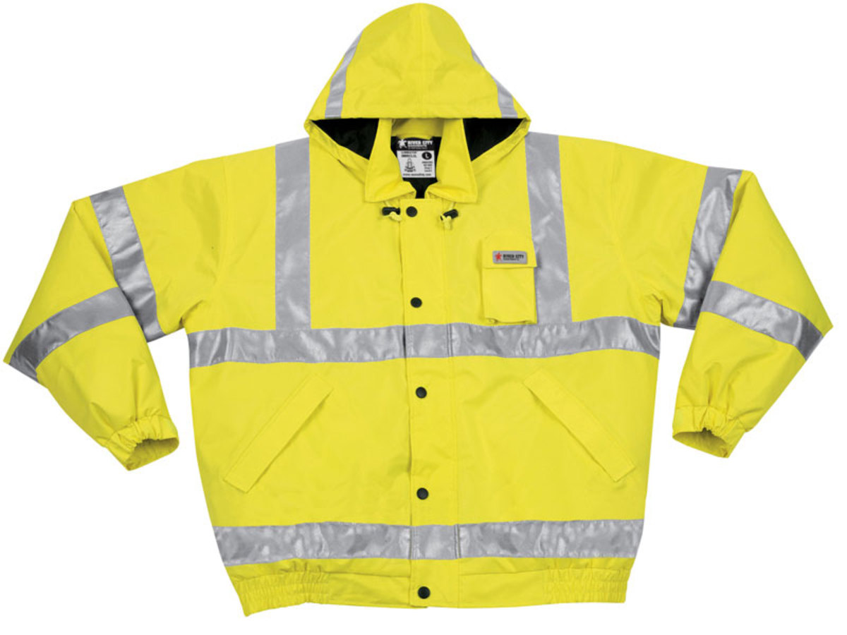 MCR Safety® Fluorescent Lime Luminator™ Polyester And Polyurethane Coat With Attached Hood, Hi Viz Stripes And Insullated Quilte