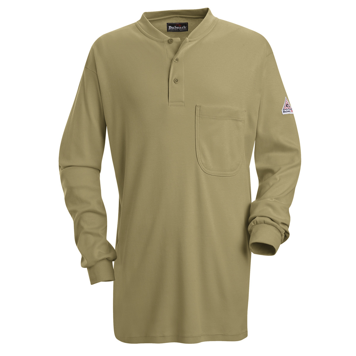 Bulwark® 4X Regular Khaki EXCEL FR® Interlock FR Cotton Flame Resistant Henley Shirt With Button Front Closure
