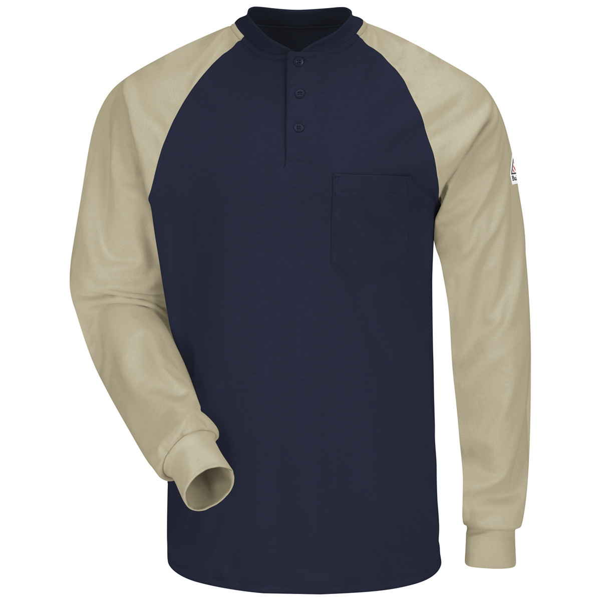 Bulwark® Large Regular Navy And Khaki Interlock/Cotton Flame Resistant Henley Shirt With Button Front Closure Bulwark® Large Regular Navy And Khaki Interlock/Cotton Flame Resistant Henley Shirt With Button Front Closure