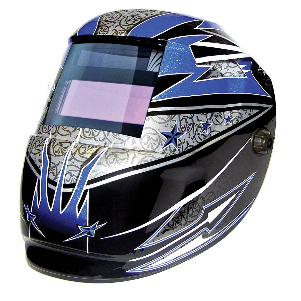 ArcOne® Carrera™ Black/Blue/White/Silver Welding Helmet Variable Shades 4, 9 - 13 Auto Darkening Lens, Shade Master® Professiona ArcOne® Carrera™ Black/Blue/White/Silver Welding Helmet Variable Shades 4, 9 - 13 Auto Darkening Lens, Shade Master® Professiona