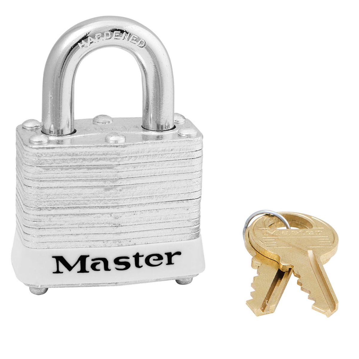 Master Lock® White Laminated Steel 4 Pin Tumbler Padlock Hardened Steel Shackle