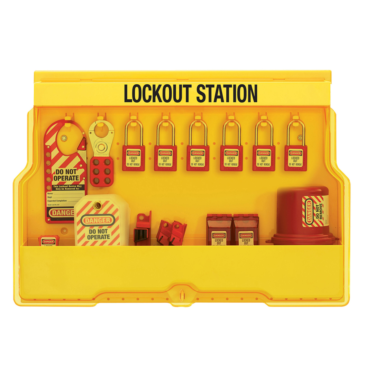 Master Lock® Yellow Thermoplastic Zenex™ Wall Mount Lockout Station Steel Shackle