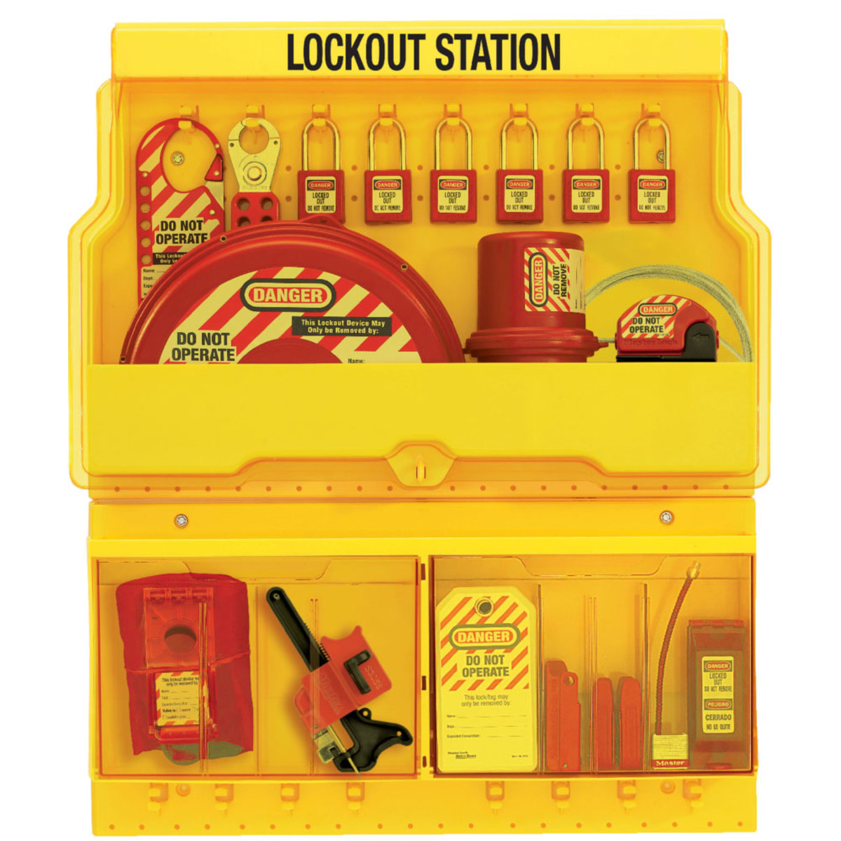 Master Lock® Yellow Thermoplastic Zenex™ Wall Mount Lockout Station Steel Shackle