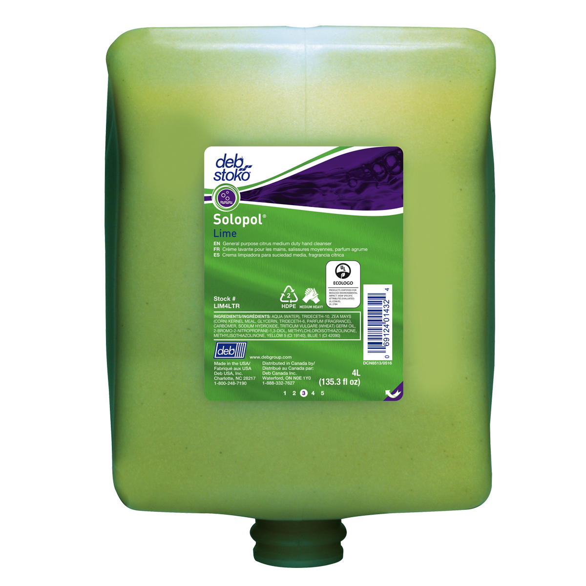 Deb 4 Liter Refill Green Solopol Scented Hand Cleaner D63LIM4LTR for sale online at autumn supply
