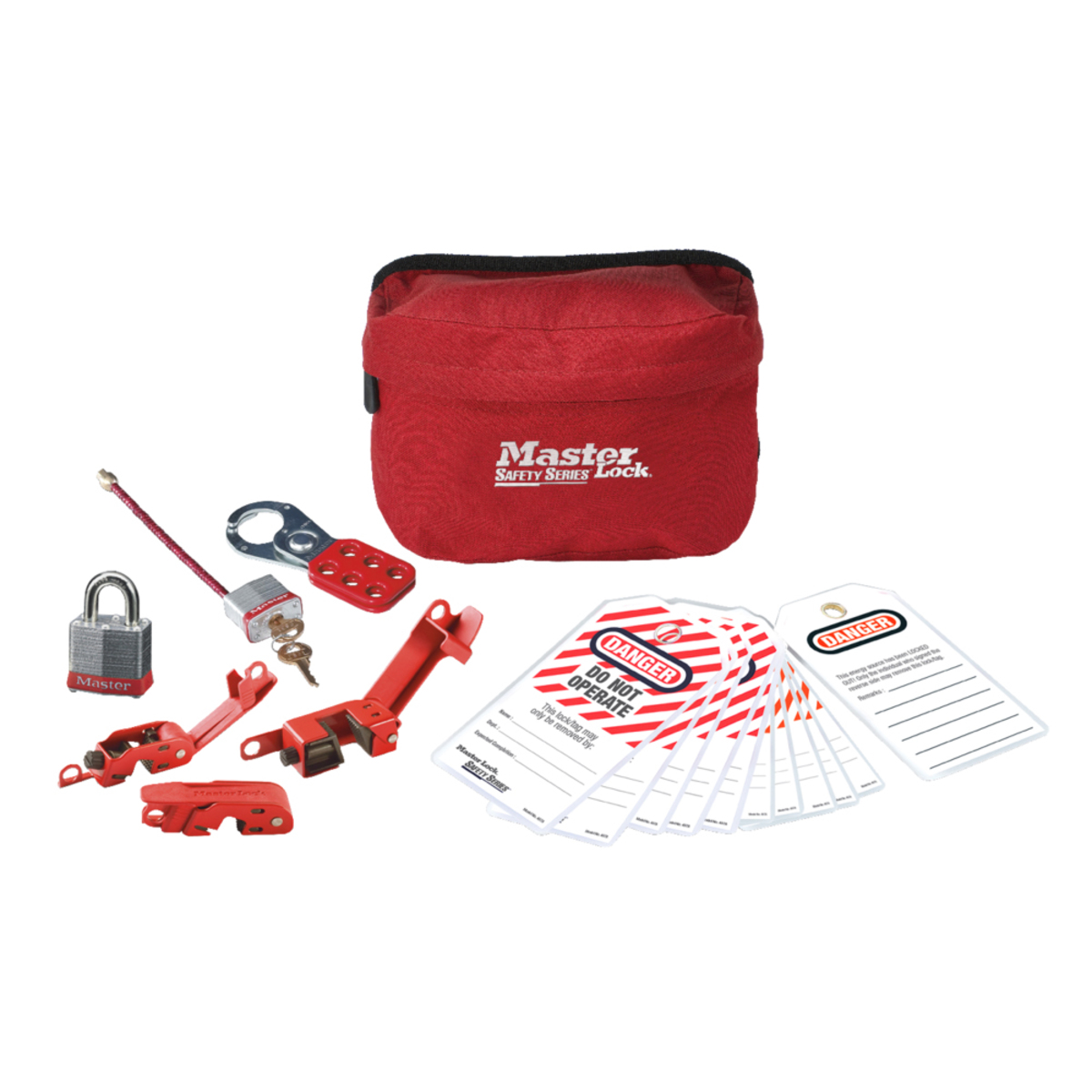 Master Lock® Red Laminated Steel Electrical Compact Lockout Pouch Kit Hardened Steel Shackle
