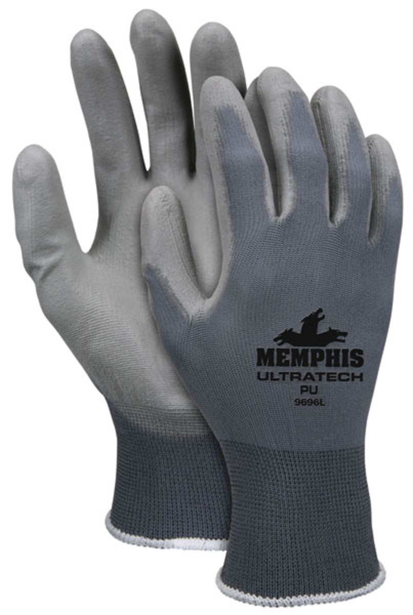 MCR Safety® Large UltraTech® PU 13 Gauge Gray Polyurethane Palm And Fingertips Coated Work Gloves With Gray Nylon Liner And Knit