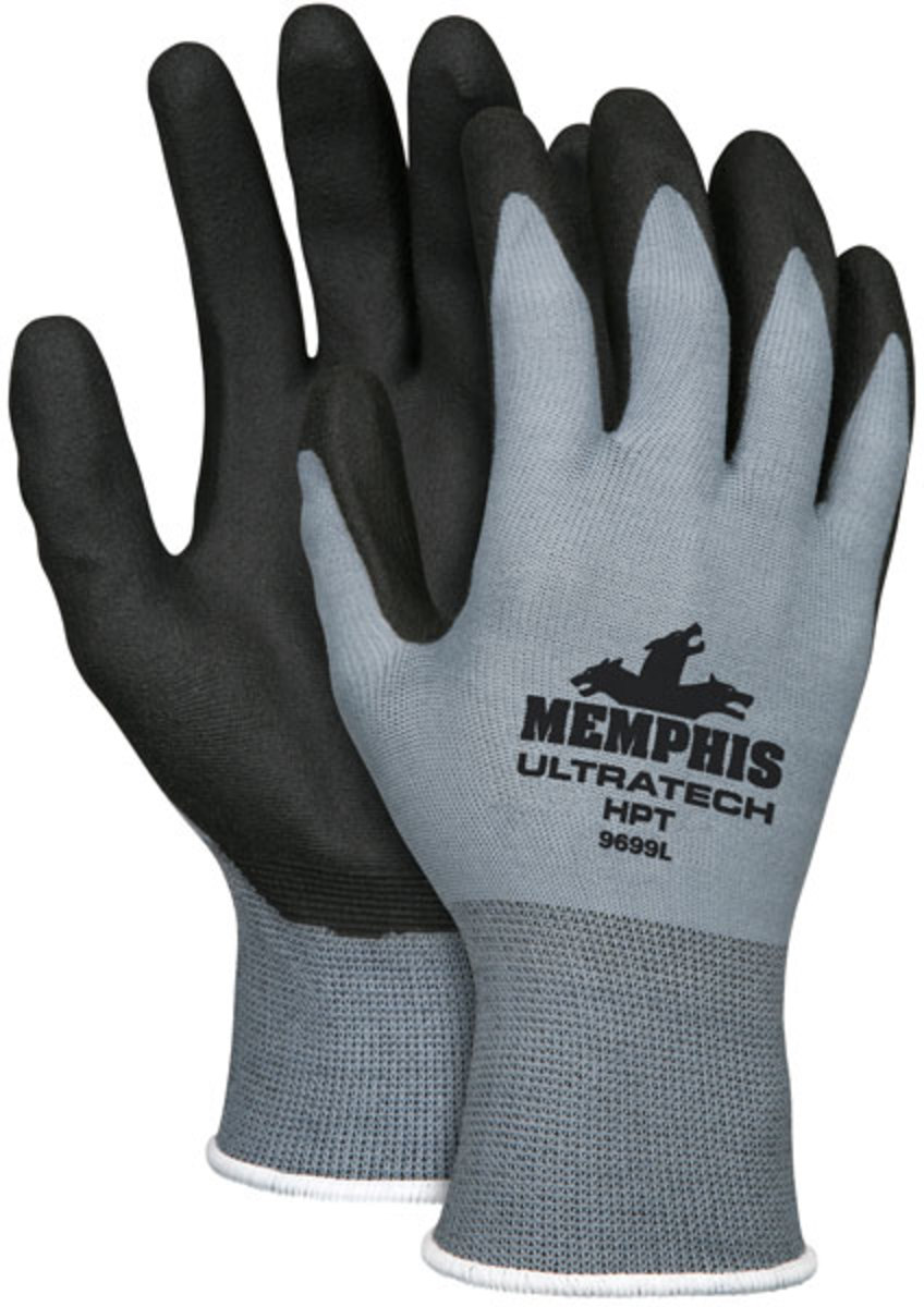 MCR Safety® X-Small UltraTech® HPT 15 Gauge Black HPT Palm And Fingertips Coated Work Gloves With Gray Nylon Liner And Knit Wris