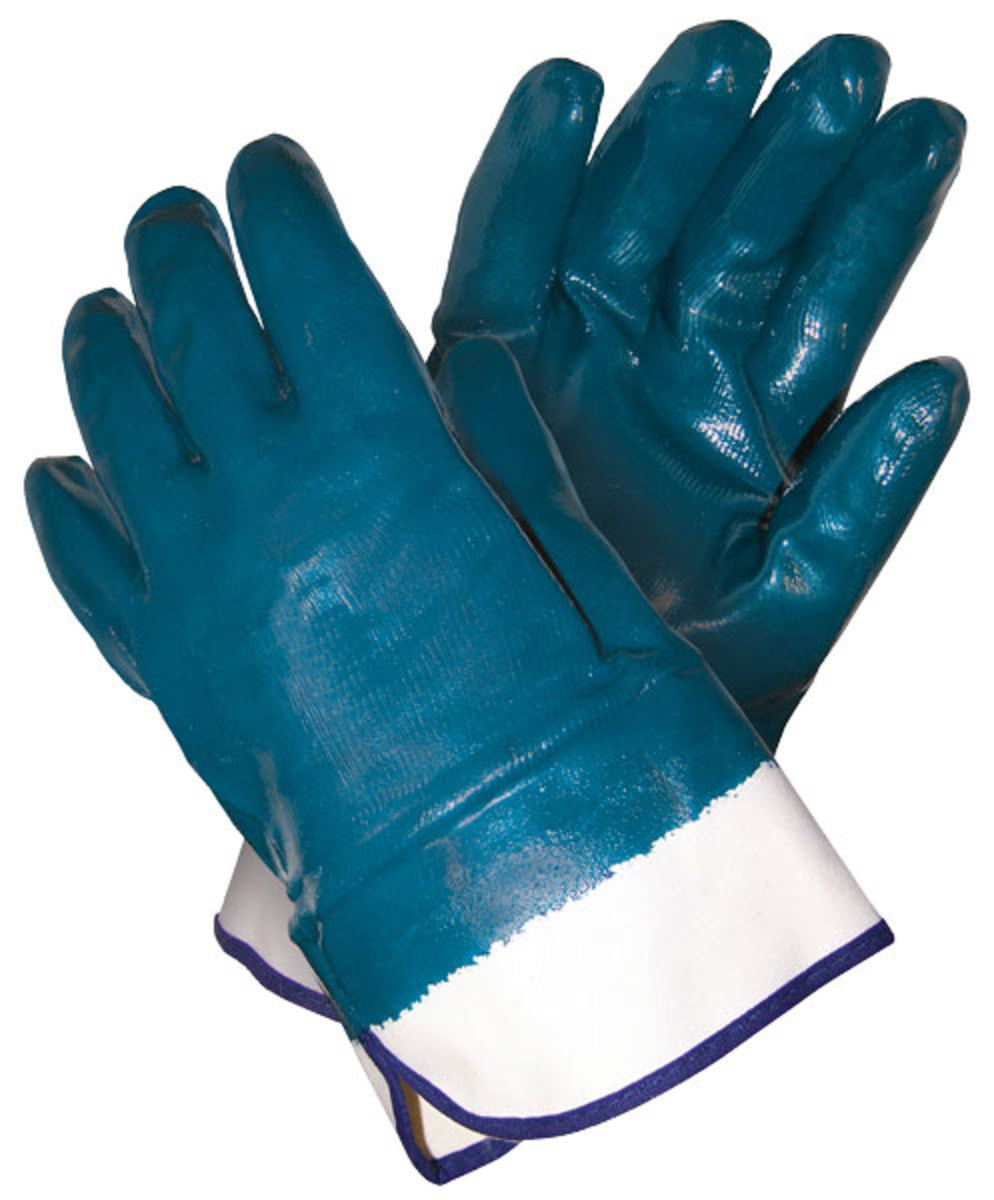 MCR Safety® Large Blue Light Nitrile Full Dip Coating Work Gloves With White Jersey Liner, Safety Cuff And Rough Finish
