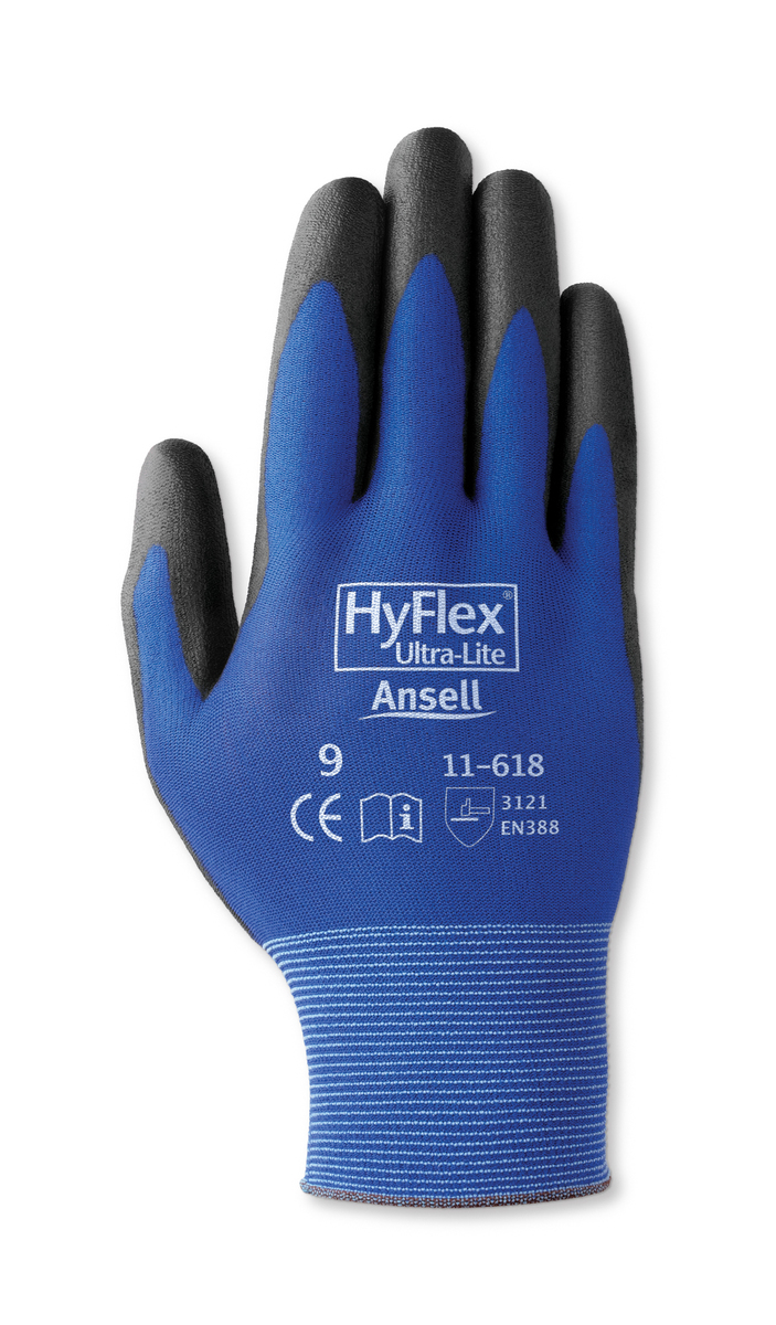 Ansell Size 10 HyFlex® 18 Gauge And Ultra Light Weight Polyurethane Work Gloves With Black And Blue Nylon Liner And Elastic And