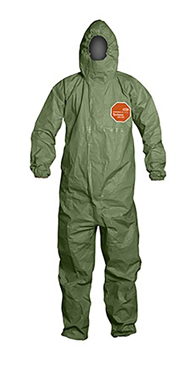 Dupont® Medium Green Tychem® 2000 SFR Flame Resistant Hooded Coveralls With Front Zipper Closure Storm Flap Closure And Taped Se