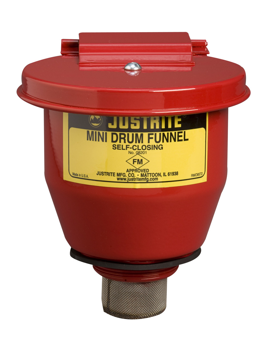 Justrite™ 1 Quart Red Galvanized Steel Small Safety Drum Funnel With Self-Closing Cover And 1 Justrite™ 1 Quart Red Galvanized Steel Small Safety Drum Funnel With Self-Closing Cover And 1