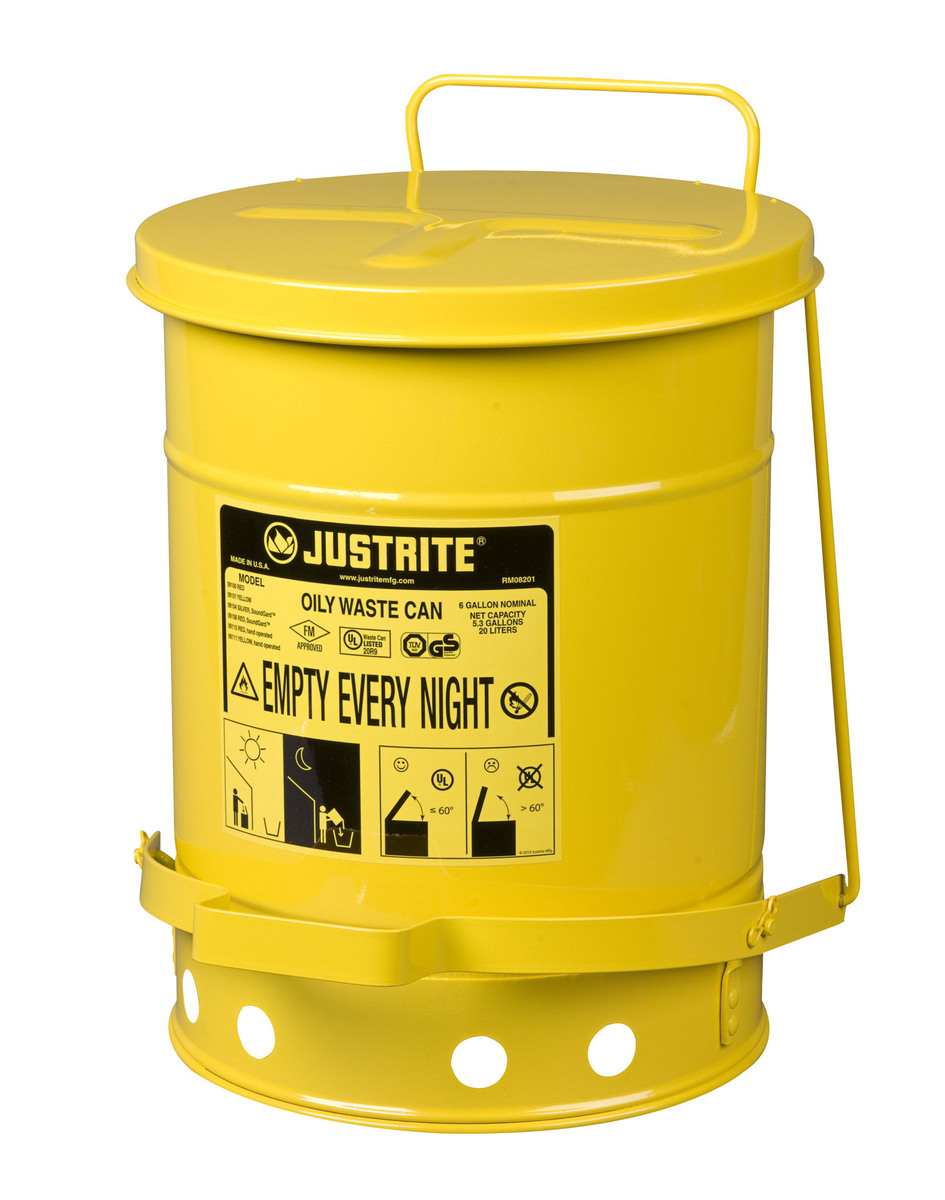 Justrite™ 6 Gallon Yellow Galvanized Steel Oily Waste Can With Foot Lever Opening Device