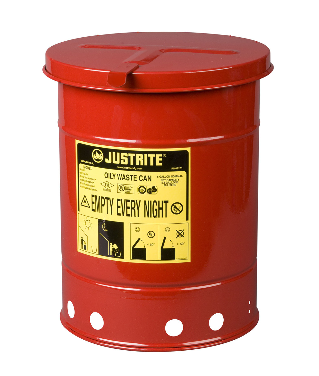 Justrite™ 6 Gallon Red Galvanized Steel Oily Waste Can With Hand Operated Opening Device