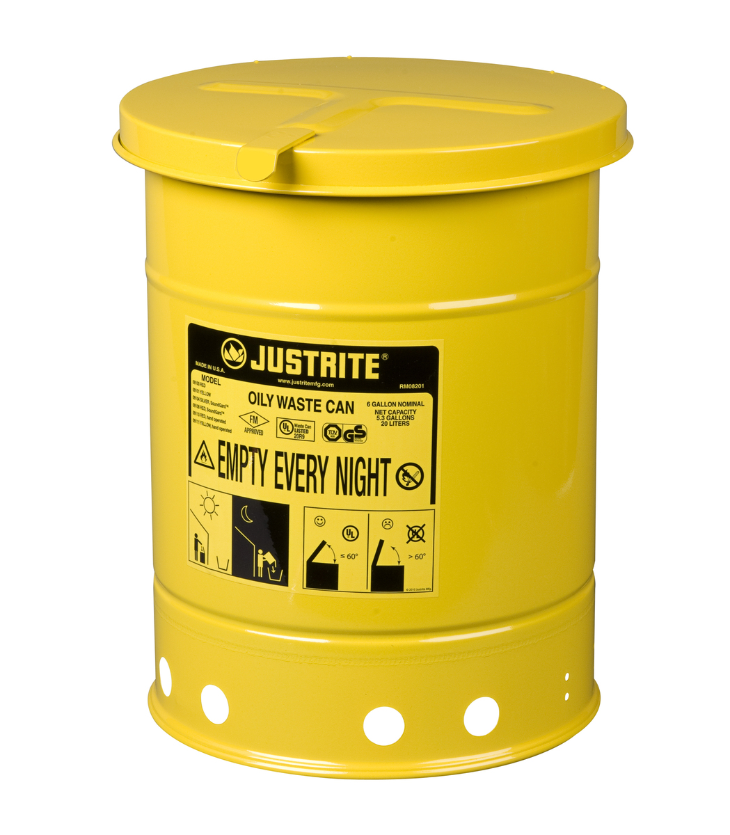 Justrite™ 6 Gallon Yellow Galvanized Steel Oily Waste Can With Hand Operated Opening Device