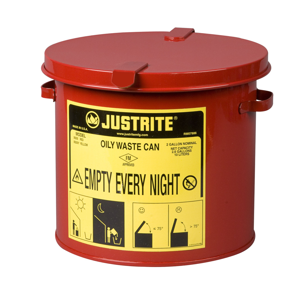 Justrite™ 2 Gallon Red Galvanized Steel Countertop Oily Waste Can With Hand Operated Opening Device
