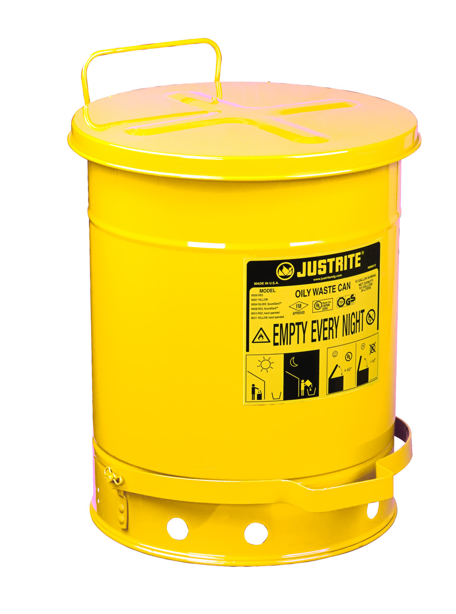 Justrite™ 10 Gallon Yellow Galvanized Steel Oily Waste Can With Foot Lever Opening Device